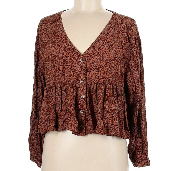 Billabong Easy Street Long Sleeve Blouse Button Front Leopard Print Size Medium - Picture 4 of 10